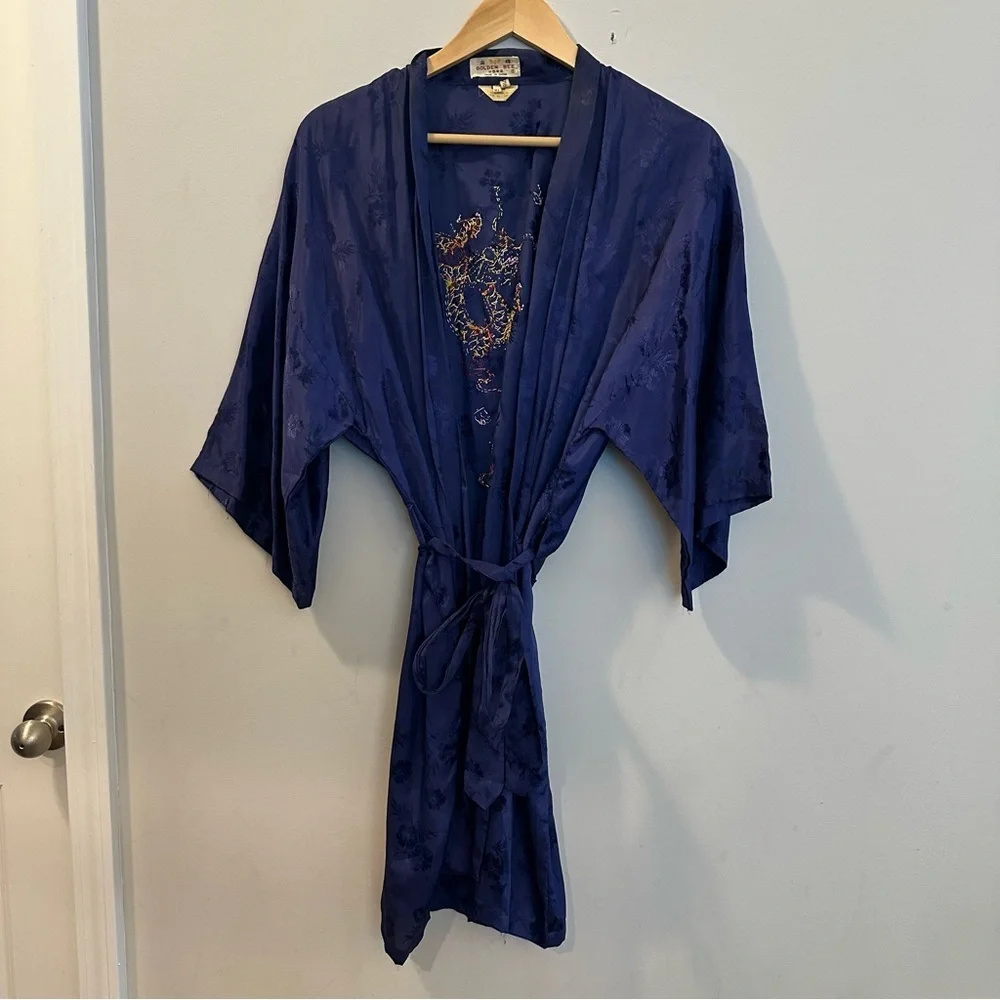 Vintage Golden Bee Silk Blue Rayon Embroidered Dragon Kimono Robe Women’s XL